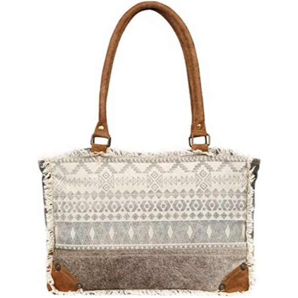 🆕 hobo aztec ivory leather top handle upcycled cowhide canvas crossbody NWT - Picture 3 of 7